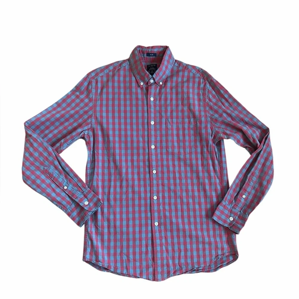 J. Crew Red and Blue Flex Wash Slim Fit Button Up Dress Shirt Mens Sz Medium